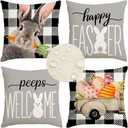 RABUSOFA Easter Pillow Covers 18x18 Inch Set of 4,Easter Decorations for Home Outdoor Decor Waterproof Buffalo Plaid Rabbit Gray Peeps Eggs Bunny Truck Spring Cushion Case for Sofa Couch