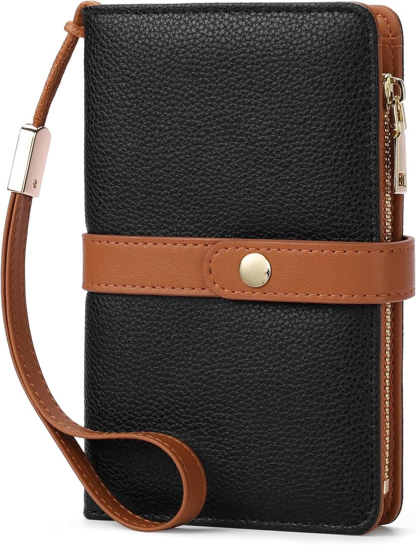 Small Wallet Women RFID Blocking Vegan Leather Slim Thin Bifold Credit Card Wallet Passport Holder Ladies Travel Wallet Mini Purse with Zipper Pocket (Black Brown)