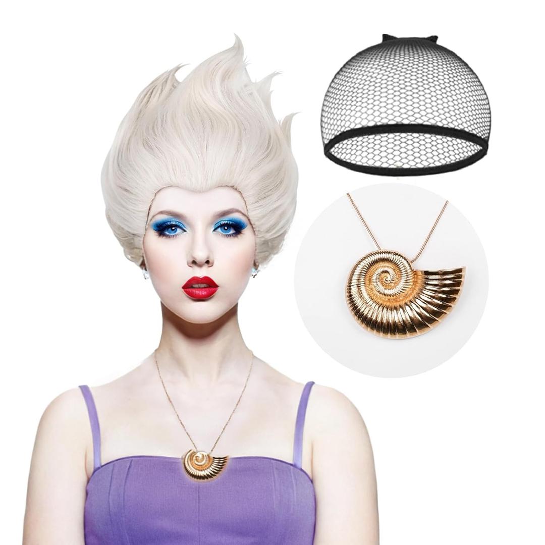 LABEAUT Gray Cosplay Wig for Undersea Witch with Shell Necklace, Women Women Daily Wig for Cosplay Synthetic Hair for Halloween Costume Crazy Party Hair + Cap