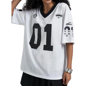Women's Number Print Mesh Oversized Jersey Shirts Striped Trim Half Sleeve Baggy Camo Graphic Tees (S)