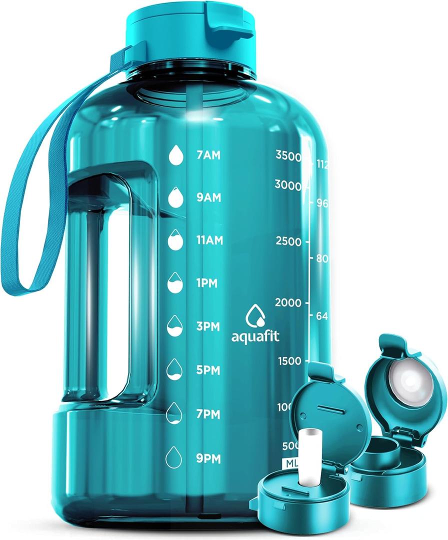 AQUAFIT 1 Gallon Water Bottle With Times To Drink - 128 oz Straw Motivational Large Sports Time Marker Gym Jug (128 Ounces)