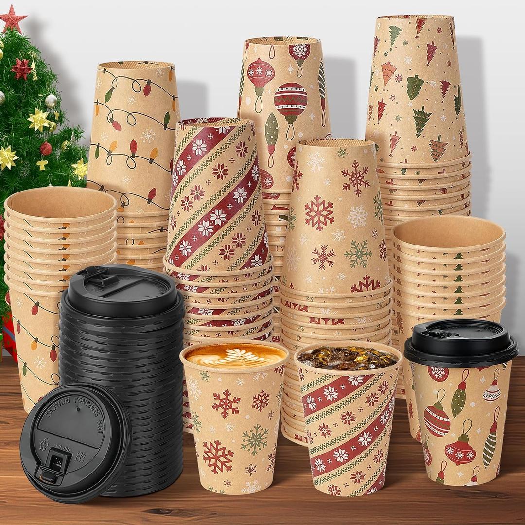 100Set Christmas Disposable Paper Cups with Lids 12oz, Bulk Xmas Hot Cocoa Cups Coffee Cups, Holiday Kraft Paper Cups for Hot Chocolate Cold Drinks Christmas New Year Winter Party Supplies Decorations, 100 Pcs