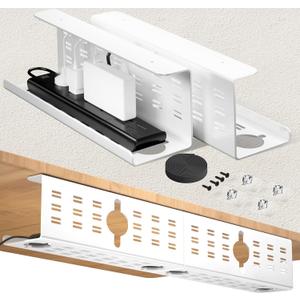 2 Pack Cable Management Under Desk White, Cinati 32" Large Cable Management Tray, Under Desk Alloy Steel Wire Organizers, Cord Hider Tray for Office and Home - Tape or Screw Installation