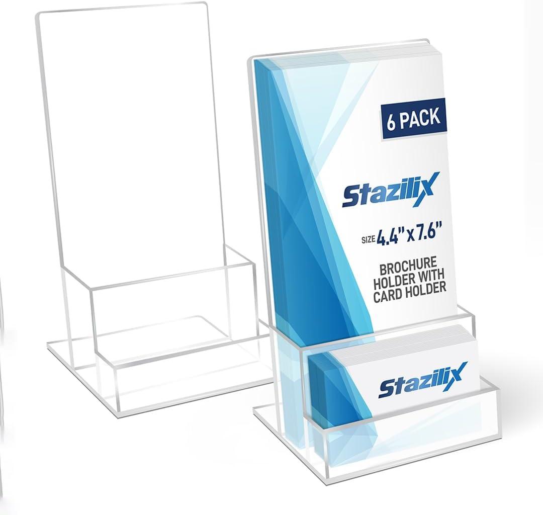 6 Pack Acrylic Brochure Holder 4, Clear brochure and business card holder, Plastic Flyer Display Stand for Magazine, Pamphlet, Booklets, Menu, Journals, Business Card