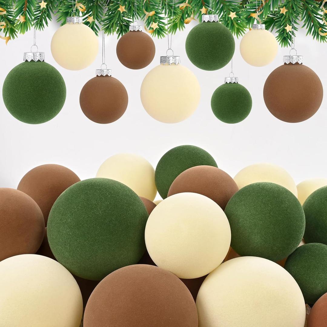 Waipfaru Christmas Tree Decorations, Velvet Christmas Ornaments Balls Set, Brown Green Neutral Farmhouse Christmas Decor, Flocked Christmas Ornaments for Xmas Holiday Party Decorations(45 Pcs) (Brown, Green, Beige)