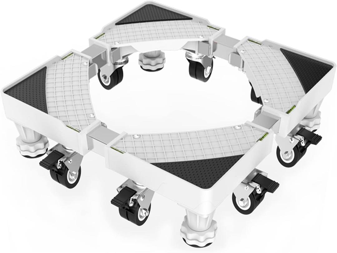 Base mvil para nevera con 8 ruedas de bloqueo y 4 pies fuertes, 19.7 a 27.5 pulgadas ajustable para muebles para lavadora, secadora, lavadora, pedestal, refrigerador (KBN-14 blanco)