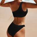 YIMISAN Women's Ribbed Bikini Sets One Shoulder Top with Mid Waist Two Piece Bathing Suit (Black, M)