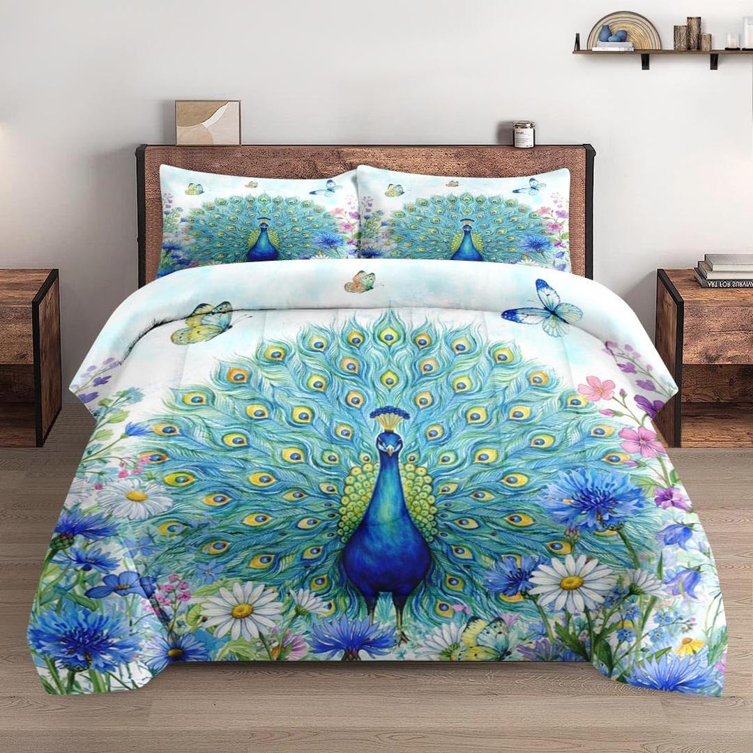 Twin Size Comforter Set with Pillowcase, Painting Feather Royal Peacock Bird Soft 2 Pcs Bedding for Kids and Adults Bedroom Bed Decor (Multi 6)
