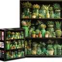 1000 Piece Jigsaw Puzzles for Adults, Green Succulents and Cactus in Glass Jars, Botanical Plant Shelf Puzzle, Relaxing Nature Family Game Home Decor