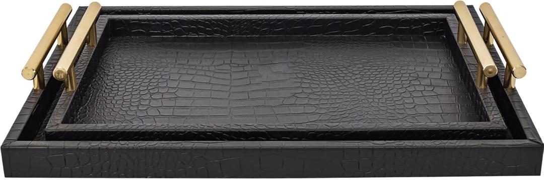 Set of 2 Modern Elegant Large Wood Serving Tray, Rectangle Decorative Tray Ottoman Tay Coffee Table Tray, Black Crocodile Leather with Gold Polished Metal Handles