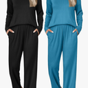 Ekouaer 2 Pack：Womens Ribbed Knit Pajama Set with Pockets Long Sleeve PJs V Neck Soft Loungewear Loose Matching Outfits Set Black and Lake Blue S