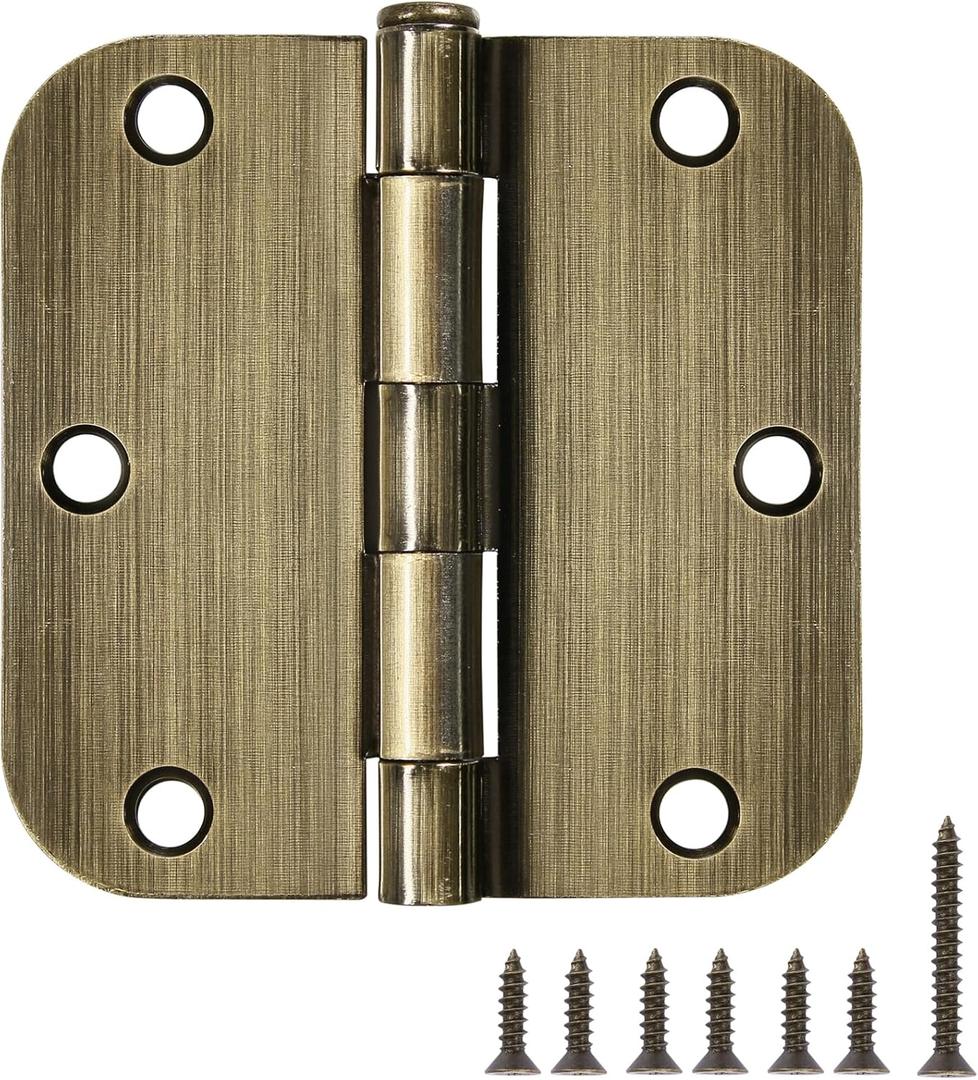 18 Pack Door Hinges Antique Brass 3.5 Inch Interior 3 1/2" Round 5/8" Radius Heavy Duty Metal Hardware Kit 3 " 5/8" Radius Flat Hinge for Bifold Doors Decor Master Bedroom Storage Room (Antique Brass-Rounded)