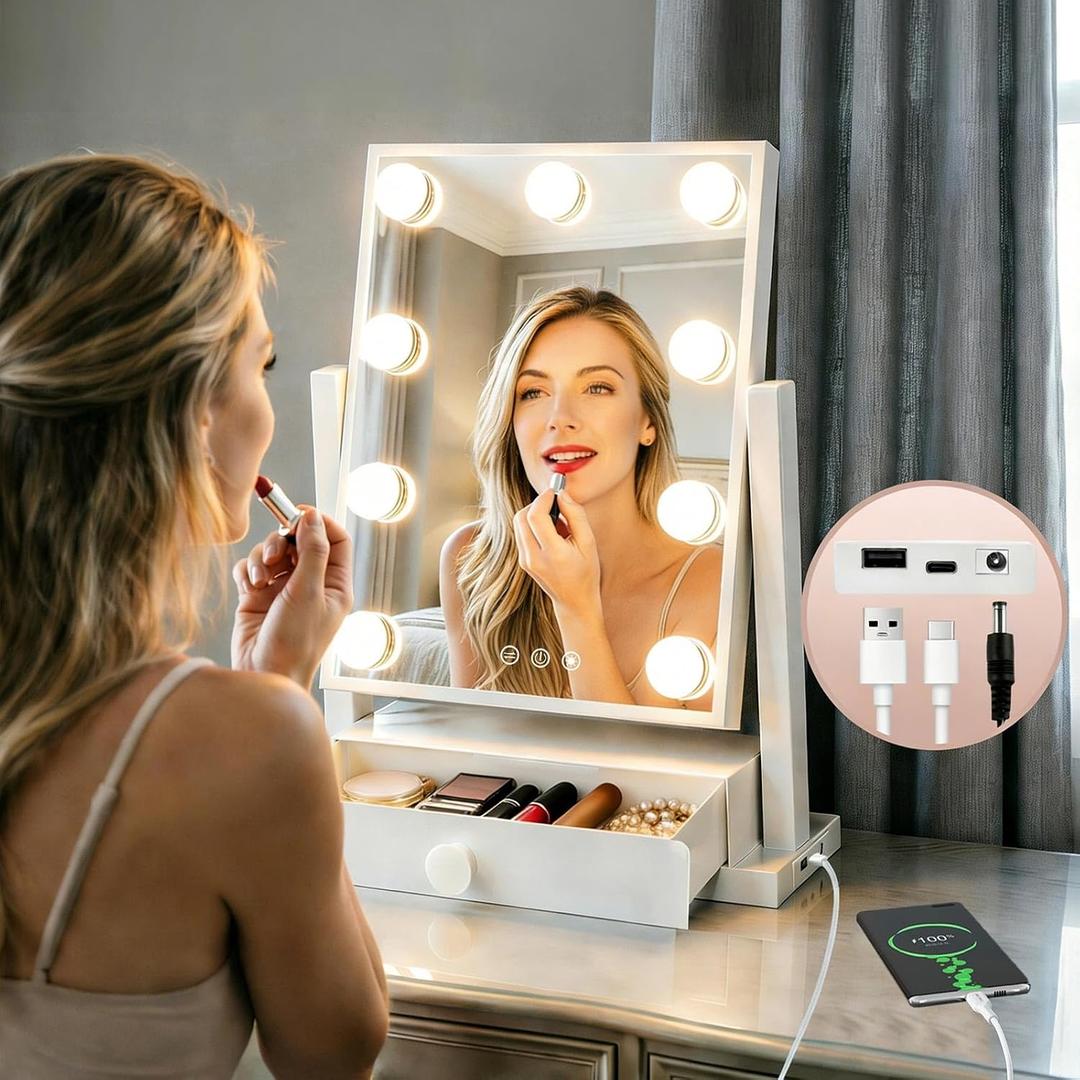 COLMERD Vanity Mirror with Lights with Drawer, Type-C and USB Charging Port, Hollywood Makeup Mirror with 9 LED Bulbs, 3 Colors Dimmable, Touch Control, Detachable 5X Magnification, Gifts for Women