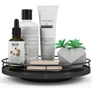 10" Oak Bathroom Vanity Tray Turntable for Perfume Candle, Round Wooden Decorative Tray for Kitchen Sink Countertop Organizer, Bathroom Counter Organizer for Skincare Makeup, Farmhouse Black Gold