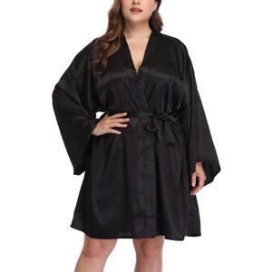 Womens Plus Size Silky Satin Kimono Robes Wedding Party Bridesmaid Sleepwear Bathrobe Dressing Gown (3X, Black)