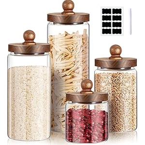 Gerrii Glass Storage Jars Set of 4, Clear Food Storage Containers with Wooden Lids Airtight Kitchen Canisters with Sticker and Chalk for Candy Cookie Rice Sugar Flour Pasta Nuts Beans Spice, 4 Sizes Gerrii Glass Storage Jars Set of 4, Clear Food Storage Containers with Wooden Lids Airtight Kitchen Canisters with Sticker and Chalk for Candy Cookie Rice Sugar Flour Pasta Nuts Beans Spice, 4 Sizes