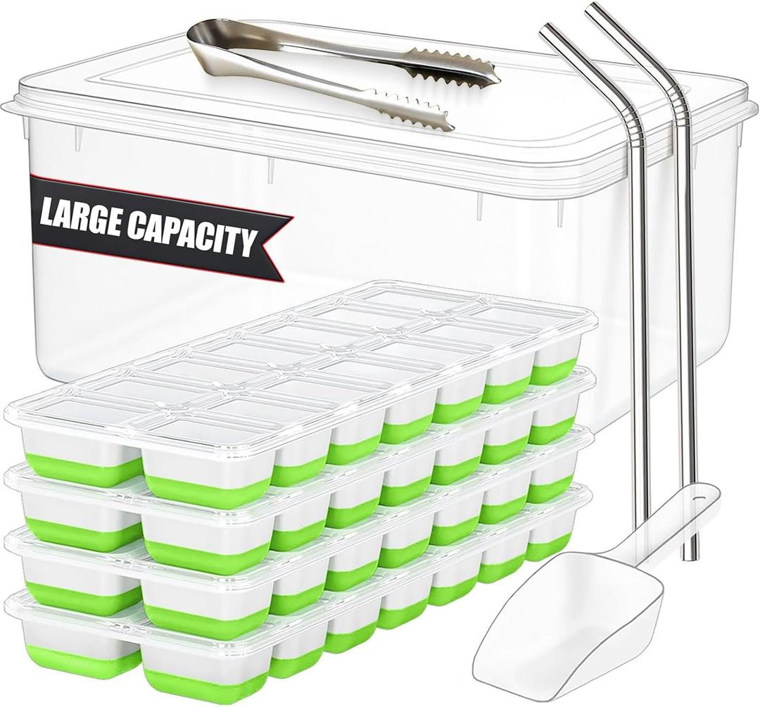 56pcs Ice Cube Tray with Lid and Bin Stackable 4 Trays Plastic Silicone Freezer Mold, Large Ice Bucket with Scoop, Tong & 2 SS Straws Easy Release Ice Maker for Cocktail, Coffee, RV, Whiskey
