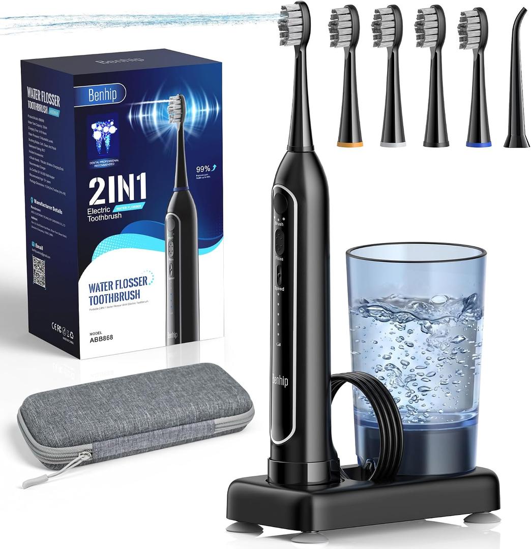 Electric Toothbrush with Water Flosser Combo, 2-in-1 Flosses and Sonic Toothbrush, Flossing Toothbrush for Adults, Cordless Water Flosser for Home and Travel, Portable Travel Case Included