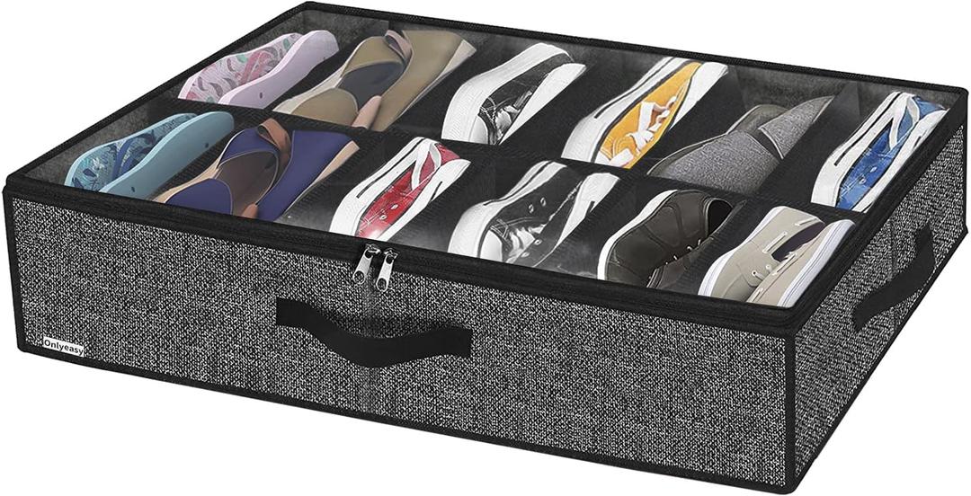 Onlyeasy Under Bed Shoe Storage Organizer with Sturdy Handles and Clear Window 1 Pack Fits 12 Pairs, Premium Foldable Underbed Shoes Container Box for Closet, Linen-like Black, MXAUBSB1P (Linen-like Black 1 Shoes (12 Cells))