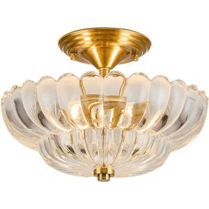 Esther Life Semi Flush Mount Ceiling Light, Scalloped Clear Glass Close To Ceiling Light Fixtures with 2 Lights, Gold Vintage Light fixtures For Bedroom Living Room Entryway Hallway