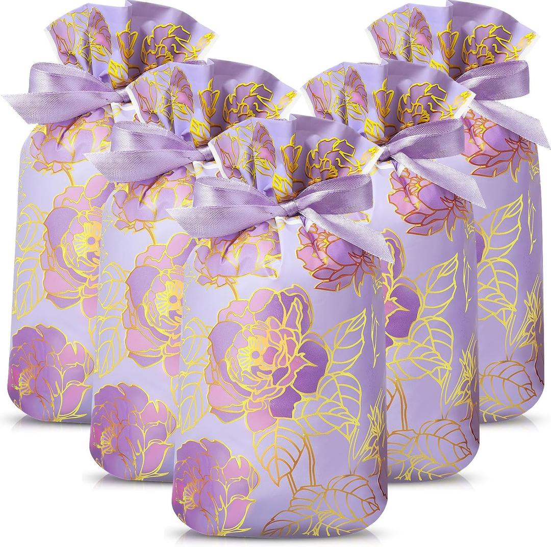 Pasimy 50 Pcs Purple Rose Gift Bag with Drawstring Purple Flowers Party Favor Bags Floral Plastic Candy Goodies Gift Package for Wedding Bridal Shower Birthday Mother's Day Party Favor Supplies, 23 cm x 15 cm