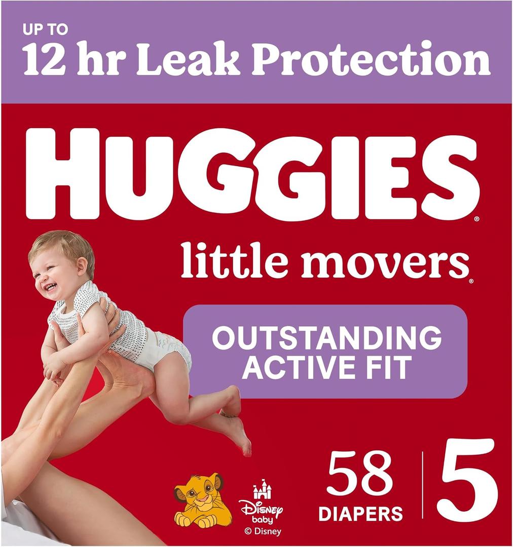 Huggies Little Movers Diapers Size 5, 58 Count
Double Grip Strips, Blowout Protection, Secure Flexible Fit, Up to 12-Hour Protection, Dry Touch Liner, Wetness Indicator