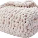 Alzoear Chunky Knit Throw Blanket Chenille Handmade Cozy Warm Blanket for Sofa Bedroom Home Decor (Beige,40"x40")