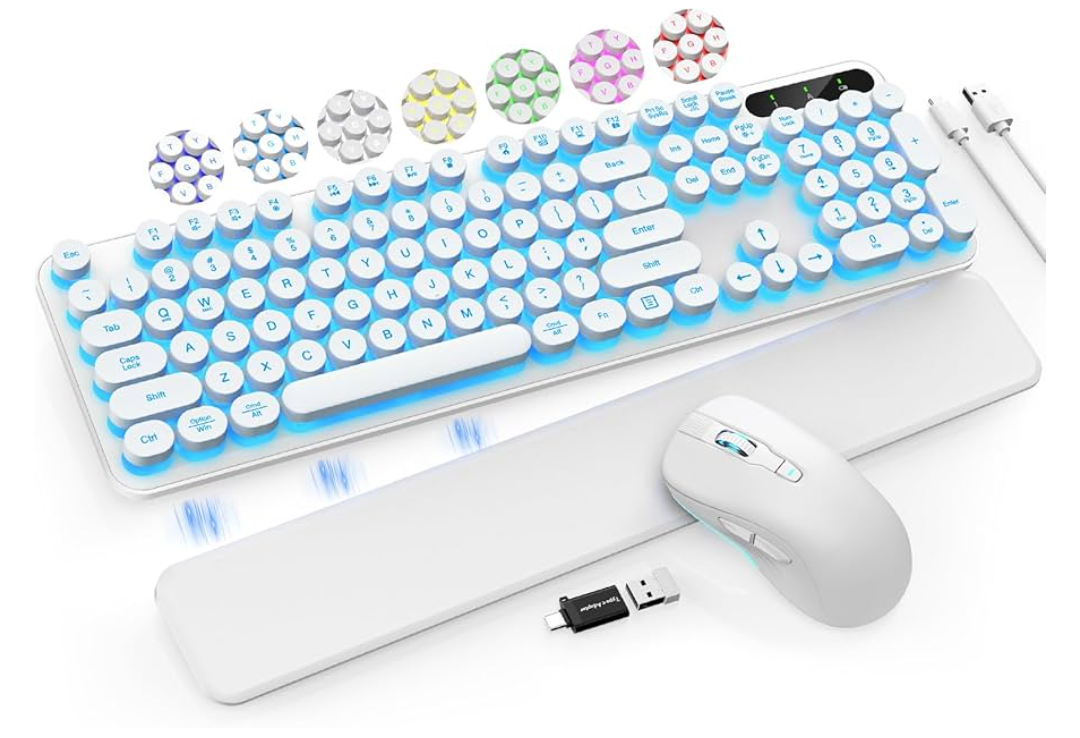 Wireless Keyboard and Mouse Backlit - Typewriter Keyboard with Retro Round Keycaps, Detachable Wrist Rest, Light Up Letters, 2.4G Rechargeable Combo for Mac, Windows, PC, Laptop, Trueque (White)