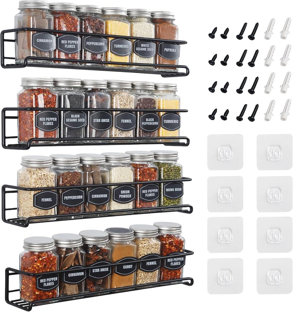 Spice Rack Wall Mounted 4 Tier  Space-Saving Kitchen Spice Organizer for Seasonings  Screw or Adhesive Hanging  Wall Mount Hanging Spice Rack for Wall, Cabinet, Pantry Door 2.5x 2.5x11.5 in (Black)