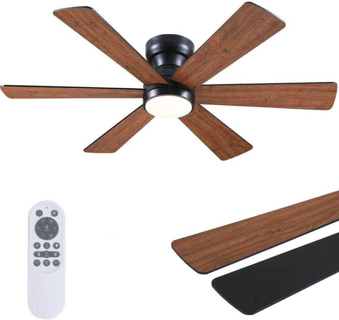 Asyko Ceiling Fans with Lights, 46" Low Profile Ceiling Fan with Light and Remote Control, Flush Mount, Reversible, Dimmable LED, Noiseless, Brown Ceiling Fan for Bedroom, Dining Room
