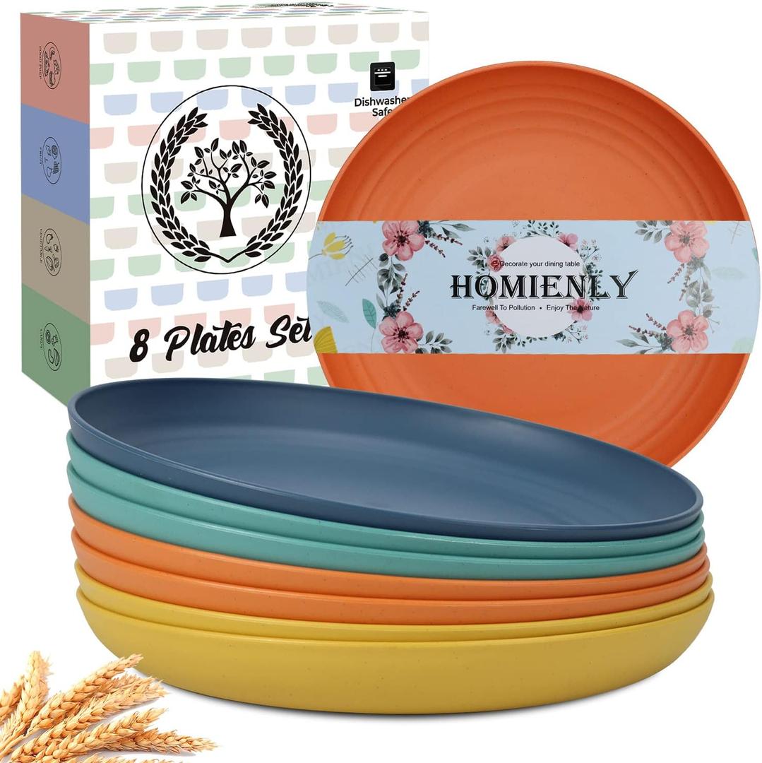 Homienly Deep Dinner Plates Set of 8 Alternative for Plastic Plates Microwave and Dishwasher Safe Wheat Straw Plates for Kitchen Unbreakable Salad Plate with 4 Colors (Colorful, 11 inch) (Classic Bright)