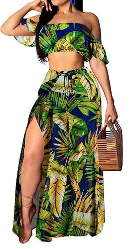Elegant Two Piece Maxi Dress for Women Vacation Sexy Off Shoulder Top Side Slit Long Skirt Swimsuit Cover Ups Sets Beach Party with Drawstring(Medium)