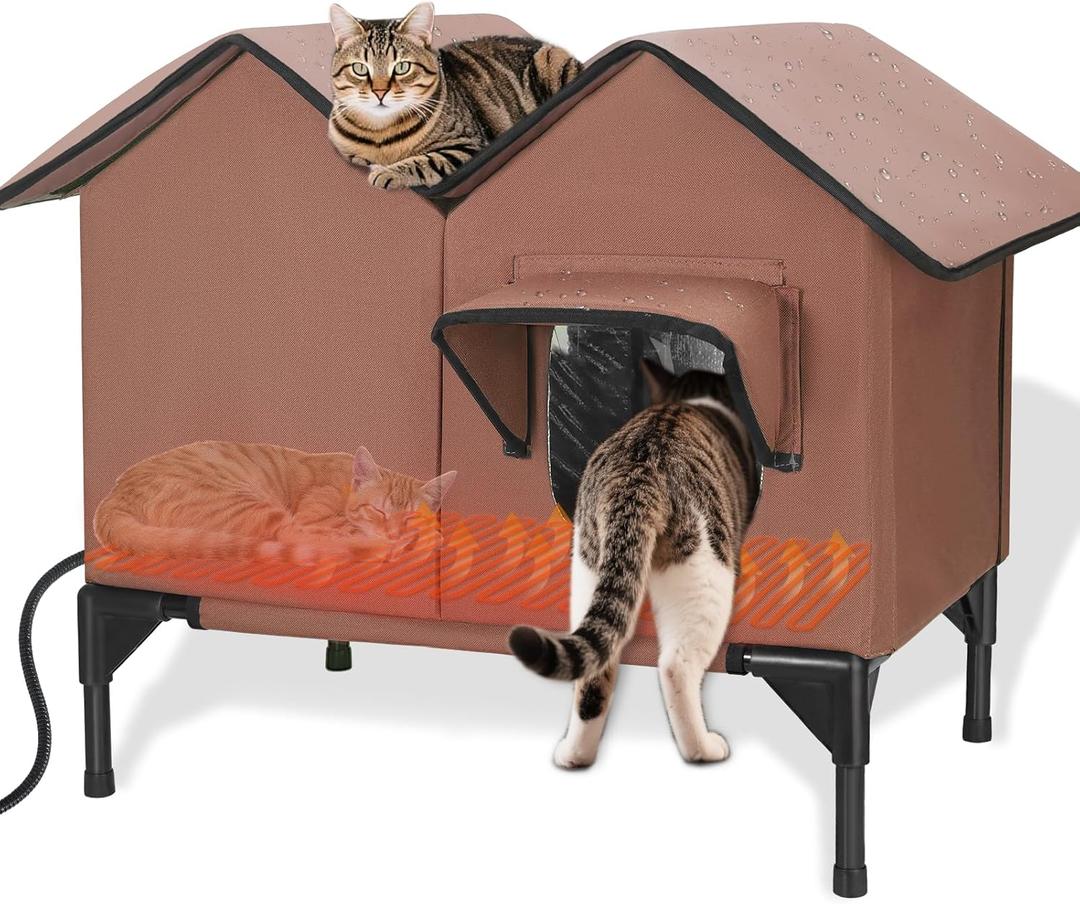 Large Heated Cat House for Outside in Winter, Elevated Waterproof Cat House for Outdoor Cats with Heating Pad, Insulated Heated Outdoor Cat House Weatherproof for Stray Cats Small Dogs (Brown)