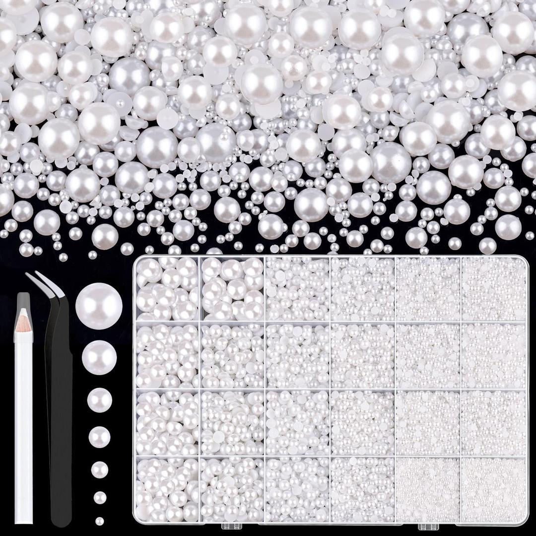13000Pcs Flatback Pearls for Crafting (White), Assorted Size 2/3/4/5/6/8/10mm Non Hotfix Half Pearl, Bedazzling Bead for DIY Crafts Clothing Tumblers Mugs Shoes Fabric Embellishment Nail Art Makeup (Large Pack)