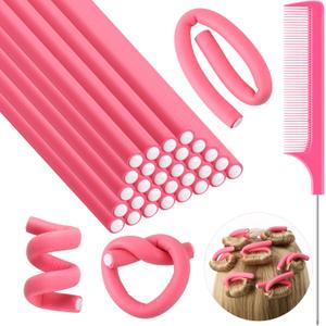 Syhood 30 Pieces Flexible Curling Rods Twist Hair Rollers Soft Foam Rods No Heat and 1 Pcs Steel Rat Tail Comb for Women Long and Short Hair(7 x 0.3 Inch,Pink)