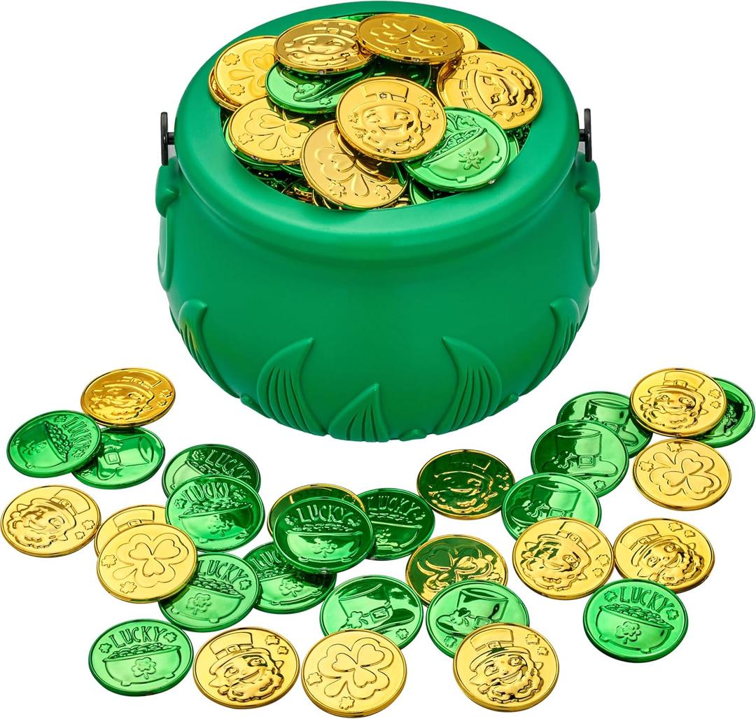 JOYIN 209PCS St Patricks Day Pot of Gold Set, 208 Lucky Leprechaun Plastic Coins and 1 Green Cauldron with Handle Saint Patricks Party Supplies
