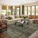 Washable Living Room Area Rug: 8x10 Rugs for Bedroom Vintage Stain Resistant Non Slip Low Pile Lightweight Boho Carpet for Kitchen Dining Room Farmhouse Kids Room Nursery (Dark Green)