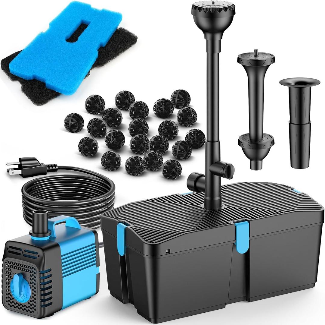 Pond Filter with Fountain Pump Kits, 60W 820GPH Pond Pump and Filter Kit with Submersible Water Pump Flow Ajustable for Outdoor Ponds Koi Pond Garden Fish Tank Water Features