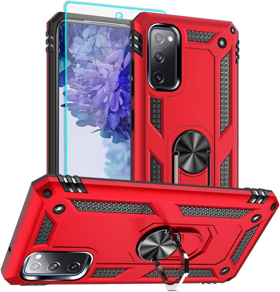 Aozuoton Compatible with Phone Case Samsung Galaxy S20 FE with HD Screen Protector, Military Grade, 16ft. Drop Tested, Ring, Shockproof, Protective Red