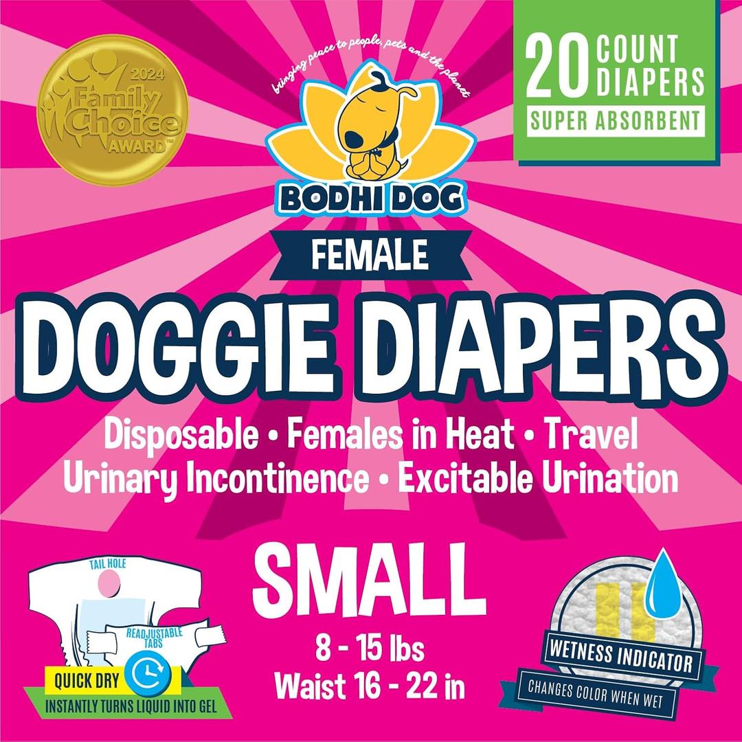 Bodhi Dog Disposable Female Dog Diapers - Super Absorbent Dog Diapers for Female Heat Cycle - Adjustable Fit Pee Wraps for Potty Training, Moisture Control & Wetness Indicator - Small (20 Count)