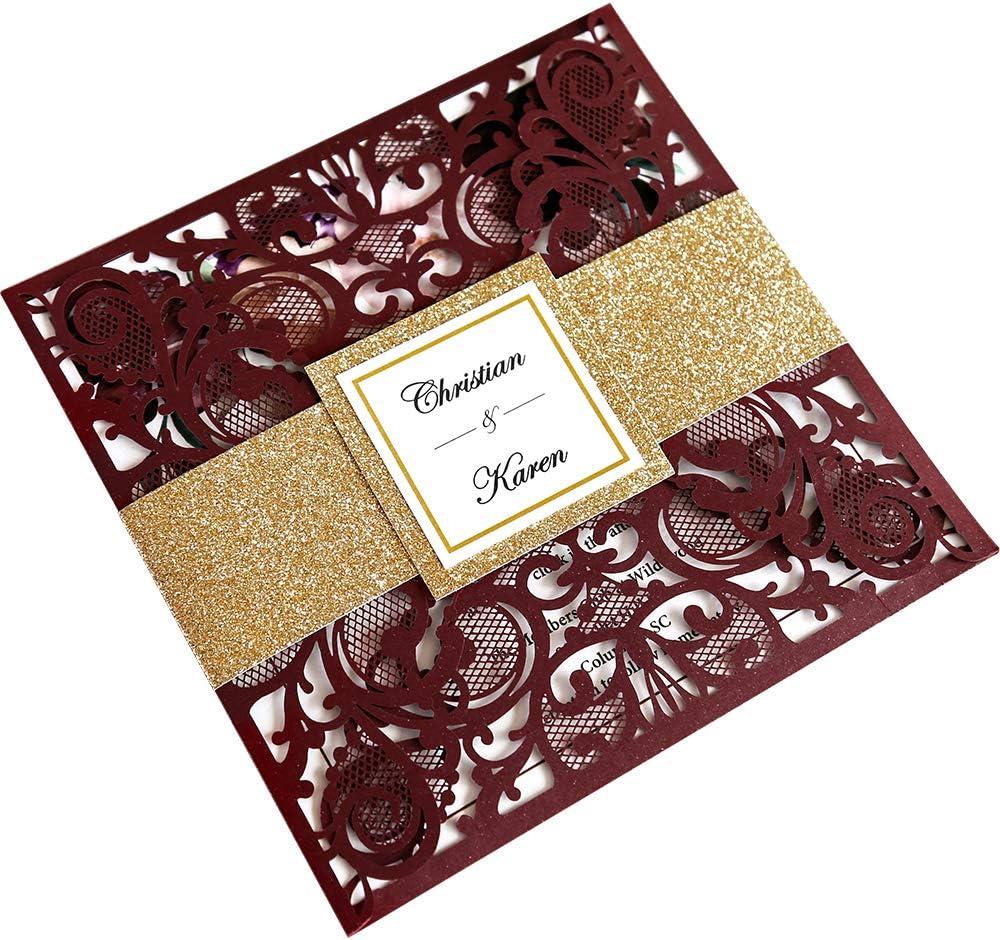 6.3 X 6.3 Inch 50PCS Blank Burgundy Laser Cut Wedding Invitations With Envelopes Kit And Gold Glitter Belly Band Wedding Invitation Cards For Wedding invite