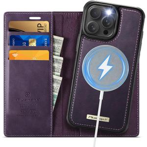 Wallet Case for iPhone 16 Pro Max Compatible with Magsafe, 2-IN-1 PU Leather Flip RFID Blocking Card Holder Stand Shockproof Magnetic Detachable Cover for iPhone 16 Pro Max 6.9", Retro Purple