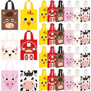 Sweetude 24 Pcs Farm Animal Party Favor Bags with Handle - 9.84'' x 7.87'' Non Woven Candy Treat Bags - Reusable Barnyard Gift Tote Bag for Animal Themed Birthday Party Favor Supply
