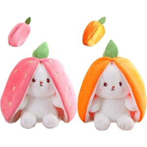 2PCS Plush Toy Pillow, Reversible Carrot Strawberry Bunny Plush with Zipper, Easter Bunny Stuffed Animal Cute Rabbit Plushie Birthday Gift for Boys Girls Kids (2pcs 7" Strawberry&Carrot)