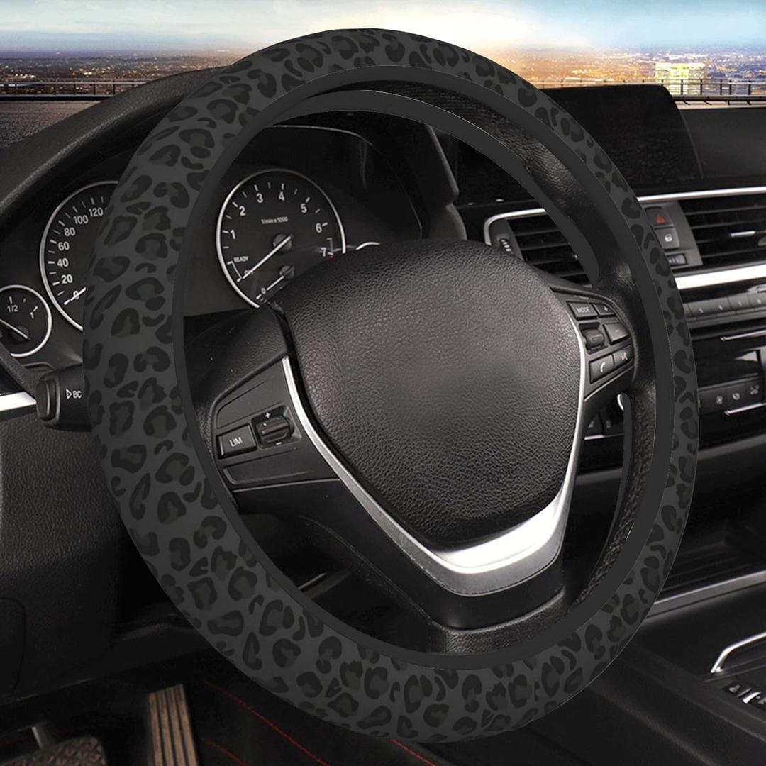 Steering Wheel Cover Universal Fit Car Interior Accessories for Women Men 15 Inch Breathable Anti Slip Odorless Neoprene Steering Wheel Cover for Car Decor Protector - Black Leopard Print 001