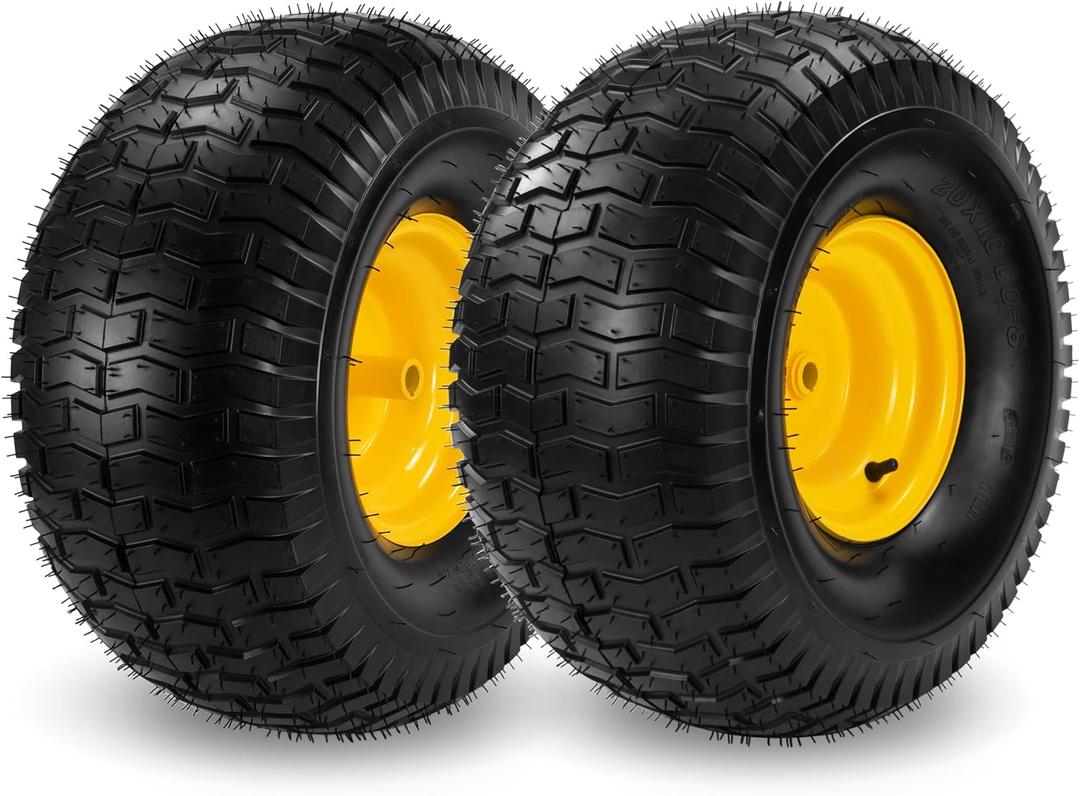2PC 20x10.00-8 Tubeless Tires and Wheels for Riding Mowers, Lawn Tractors, & Garden Equipment, 10" wide tires, 3/4" Bore, 3.5" Offset Hub, 4-Ply Construction, Anti-Slip & Durable for Heavy-Duty Use.