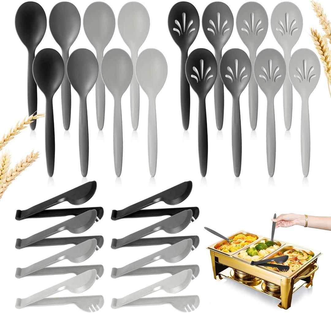 Reusable Clear Plastic Serving Utensils Set of 24, Heavy Duty Large Serving set 10" Serving Spoons/10" Slotted Spoons/9.4" Tongs, for Party Buffet Catering (Gray Ombre, Not for Cooking)