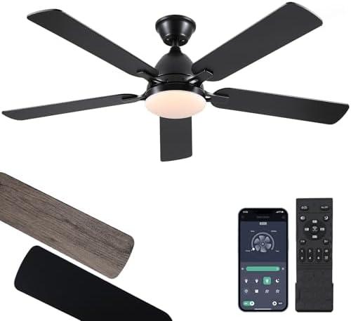 BYKISTOK Ceiling Fans with Lights, 52 Inch Low Profile Ceiling Fan with Light and Remote Control,Reversible, 3CCT, Dimmable, Quiet, Black Ceiling Fan for Bedroom Indoor/Outdoor Use