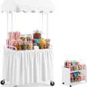 Mobile Candy Cart for Party Foldable Vendor Cart with Wheels Easy to Assemble, Hidden Storage, with Canopy and Table Skirt, White DIY Dessert Cart for Ice Cream,  Item Weight 29.5 pounds Item dimensions L x W x H 37.8 x 25 x 5.51 inches