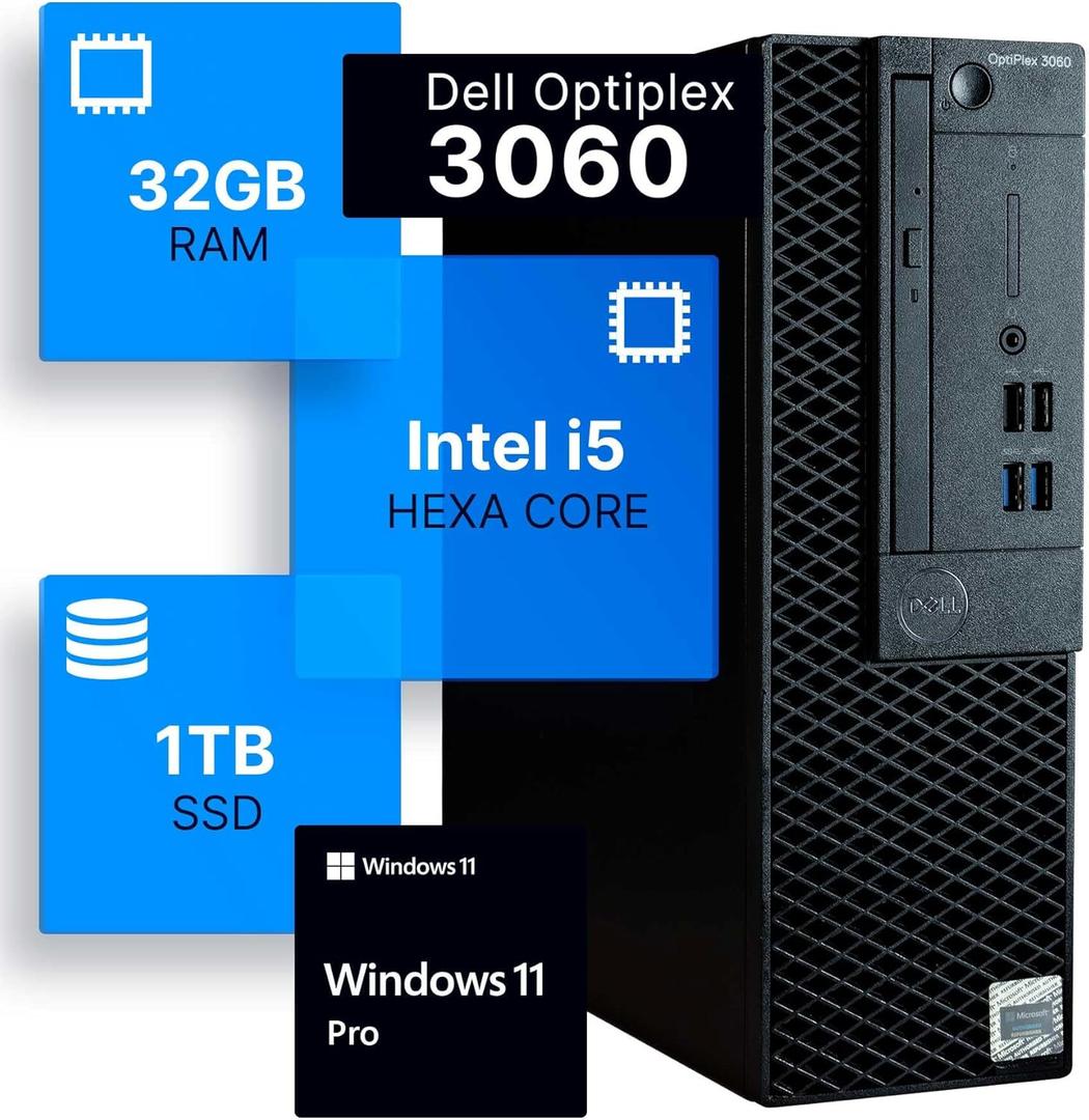 Dell Optiplex 3060 Desktop Computer | Intel i5-8500 (3.2) | 32GB DDR4 RAM | 1TB SSD Solid State | Built in WiFi | Bluetooth | Windows 11 Professional | Home or Office PC 